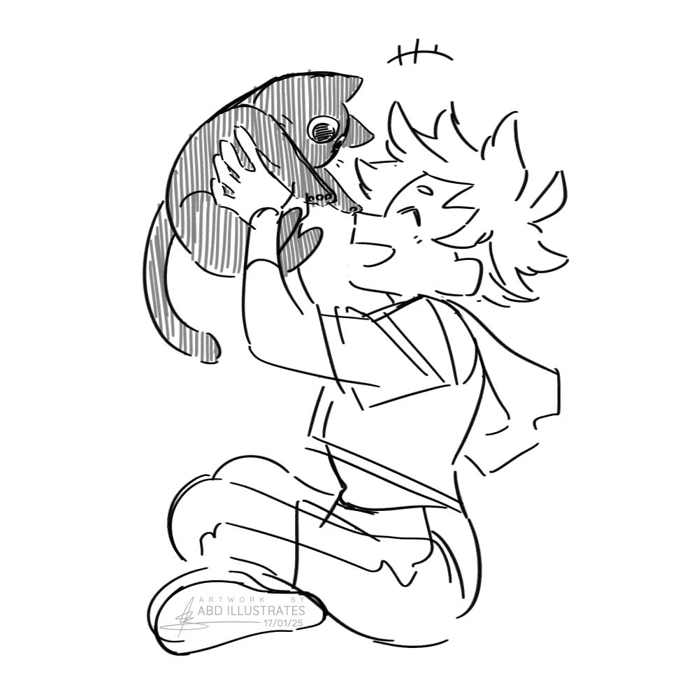 Simple black and white doodle of Heartless and his black cat, Murphy. Heartless is lifting Murphy into the air happily while Murphy holds his paws out.