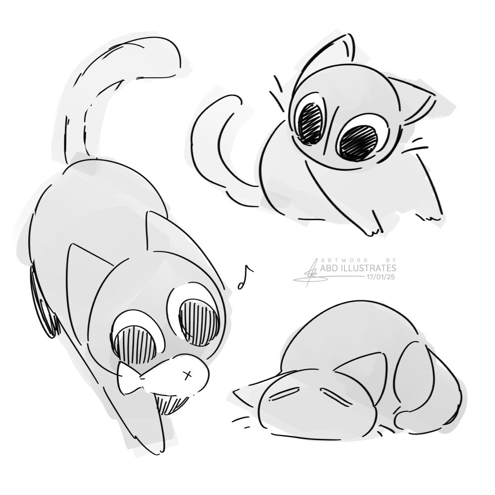 3 simple black and white doodles of Murphy the black cat: trotting happily with a toy fish in his mouth, turning with his eyes open wide, and curled up fast asleep.
