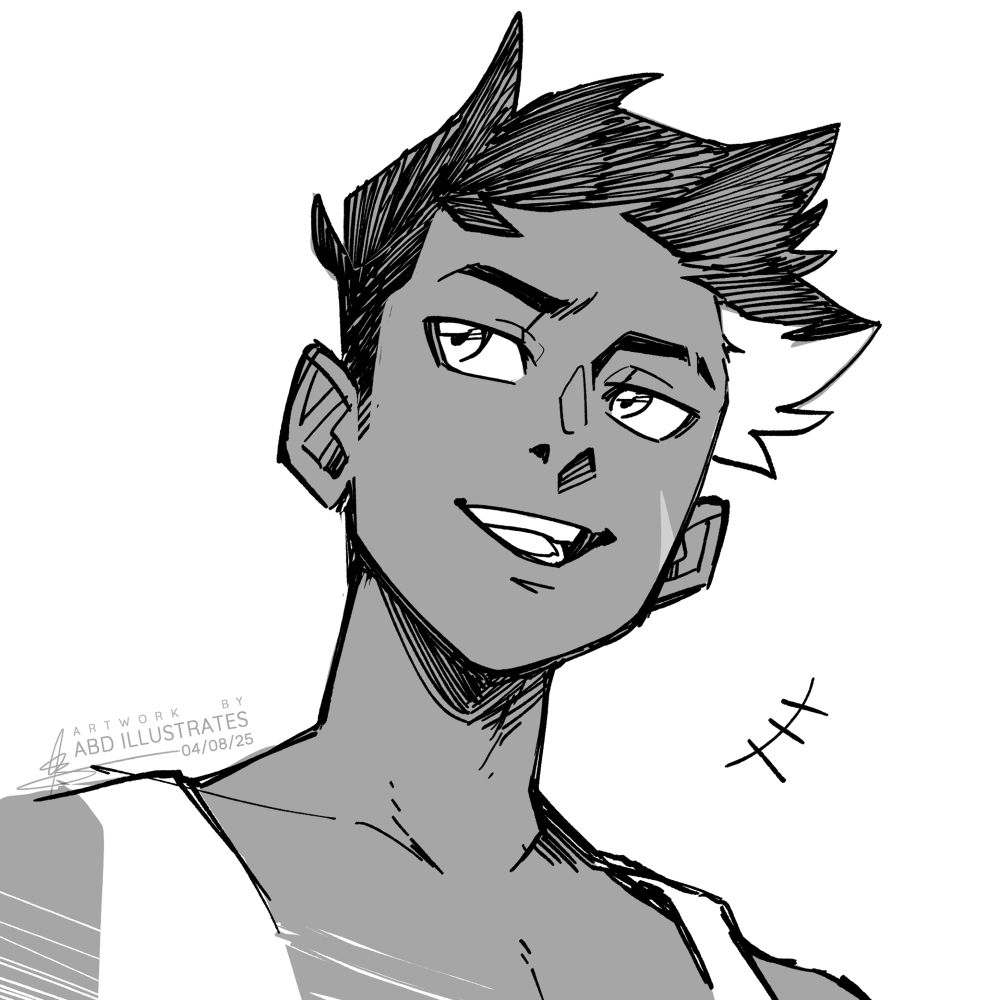 A black-and-white, manga-styled headshot drawing of Flint - a muscular young man with dark skin, short black hair, and a few small scars - sporting a casual smile as he looks away from the viewer.