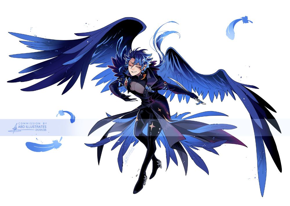 Anime-style character illustration of Caedes, a handsome man with a blue and black color palette and large wings which spread out around him as he bows with a wink and holds a dagger behind his back.