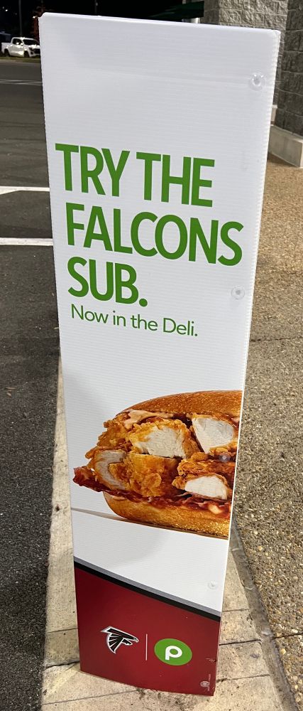 Outdoor advertisement for a Publix sub sandwich named for the Atlanta Falcons.