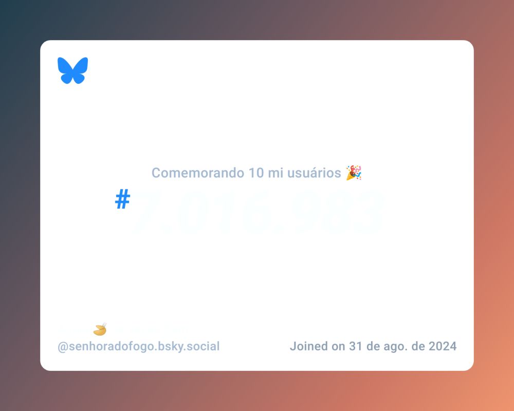 Um certificado virtual com o texto "Comemorando 10 milhões de usuários no Bluesky, #7.016.983, Azula 🥠 às vezes Sam ‪@senhoradofogo.bsky.social‬, ingressou em 31 de ago. de 2024"