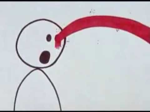 crude drawing of a person. their mouth is wide open, their eyes are wide and one eye is gushing blood. it is a screenshot from 'rejected' by don hertzfeldt, in which a character says 