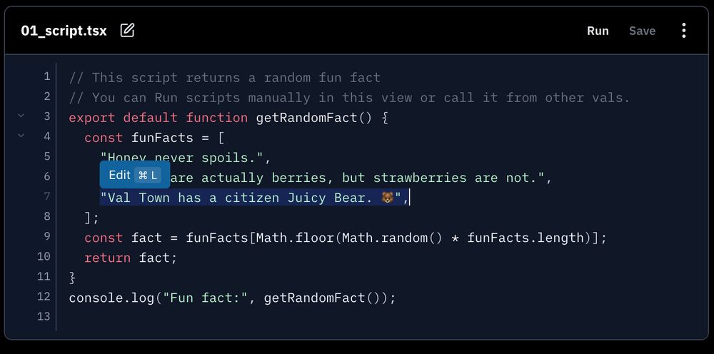 Screenshot of code from Val.Town with an array of fun facts. Highlighted is "Val Town has a citizen Juicy Bear. 🐻"
