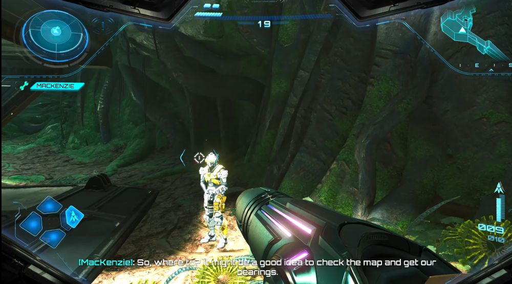 Screencap of Metroid Prime 4 where a dull dweeb asks Samus to open the map screen is a "diegetic" and "casual" manner.

Myckenzie: Soooooo, where to? Might be a good idea to check the map and get our bearings.
