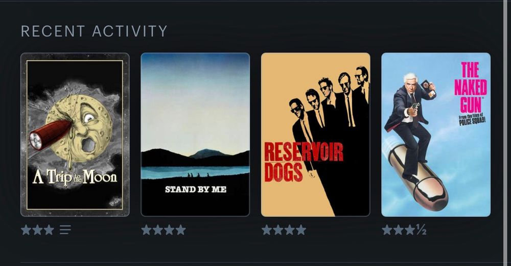 A screenshot of the Letterboxd app showing the last four films I watched and my ratings for them. The films are:

A Trip to the Moon - 3 Stars
Stand By Me - 4 Stars
Reservoir Dogs - 4 Stars
The Naked Gun (1988) - 3 and a half Stars