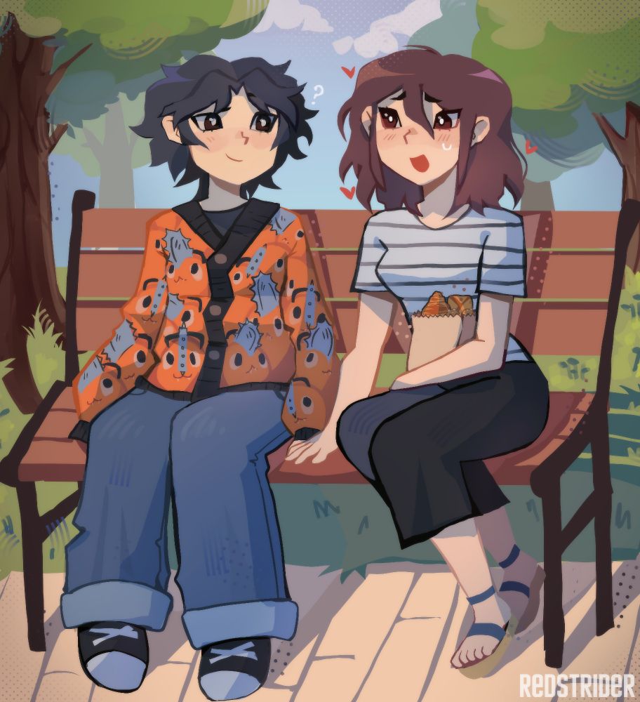 two girls are sitting on a park bench. one is looking at the other in love and the other is confused