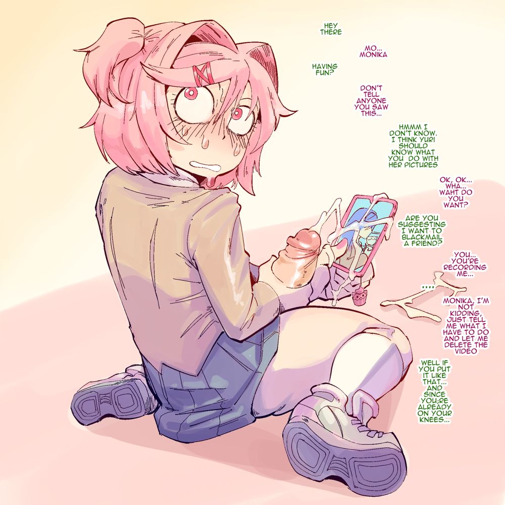 natsuki on her knees and holding her dick cumming into her phone with a photo of yuri on it she is looking back at monika (off screen) who caught her on the spot