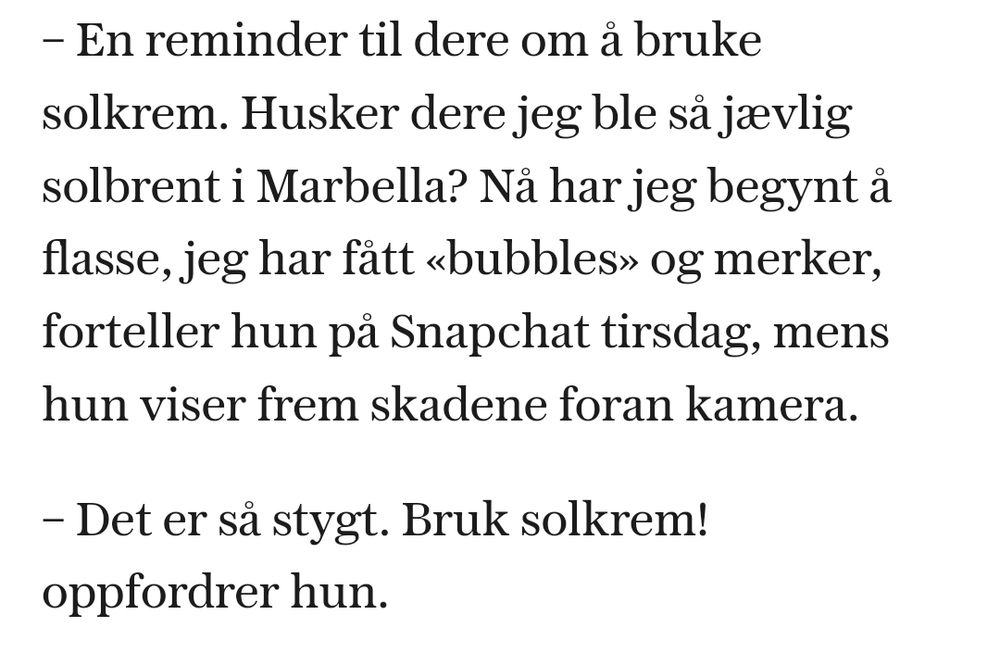 Sitat fra isabell om at det er så stygt å bli solbrent, så alle må bruke solkrem