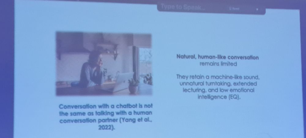 Screenshot from the presentation, focusing on how conversations with chatbot are not the same as talking with a human conversation partner