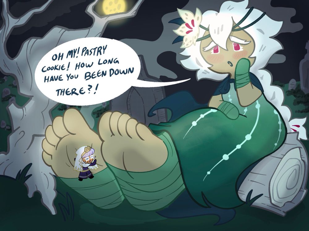 White lily cookie noticing pastry cookie is tiny and stuck to her foot.