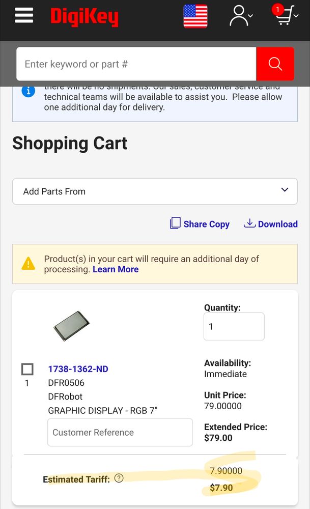 A screenshot of a DigiKey shopping cart with one capacitive touchscreen in it, with a line item price of $79.00. At the bottom is a line reading 