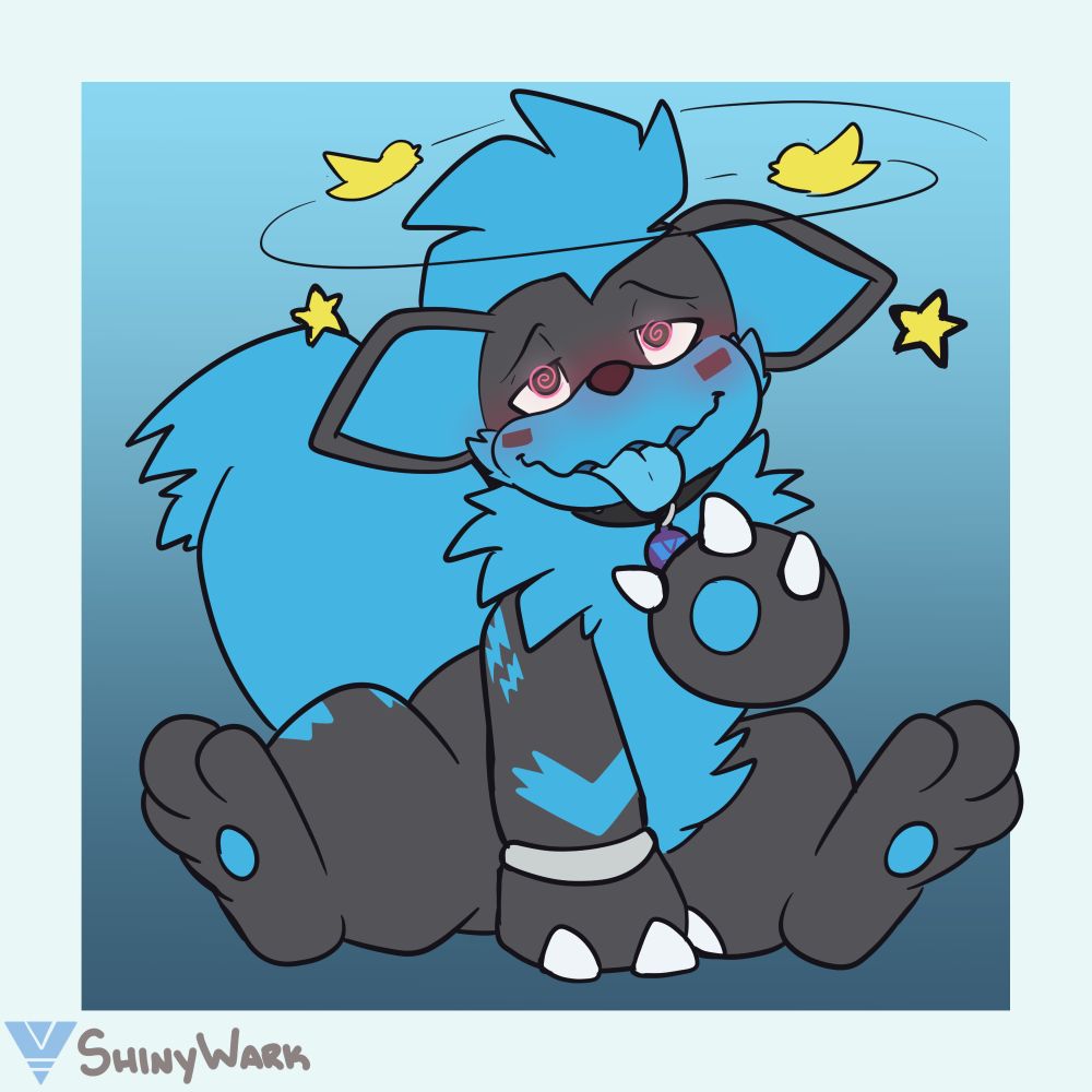 A Growlithe in Draconayr's colors with birds and stars around his head to signify that he is confused.