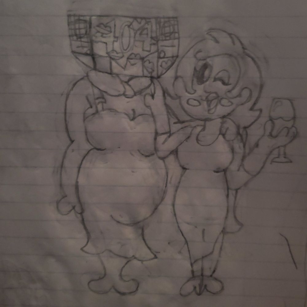 Two ocs, Sterolin (left) getting kissed by her girlfriend Serena (right). Lin, a ghost gal with a stereo for a head, having her monitor display a "404" error screen, as she's covered in lipstick markings. Serena is seen with the lipstick where the markings came from, with her left hand on her girlfriend's shoulder, and a wine glass on another.