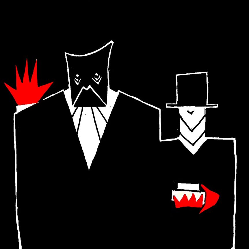 Gruesome abstract creatures with red hands dressed and looking not unlike the orange monster and his wife.