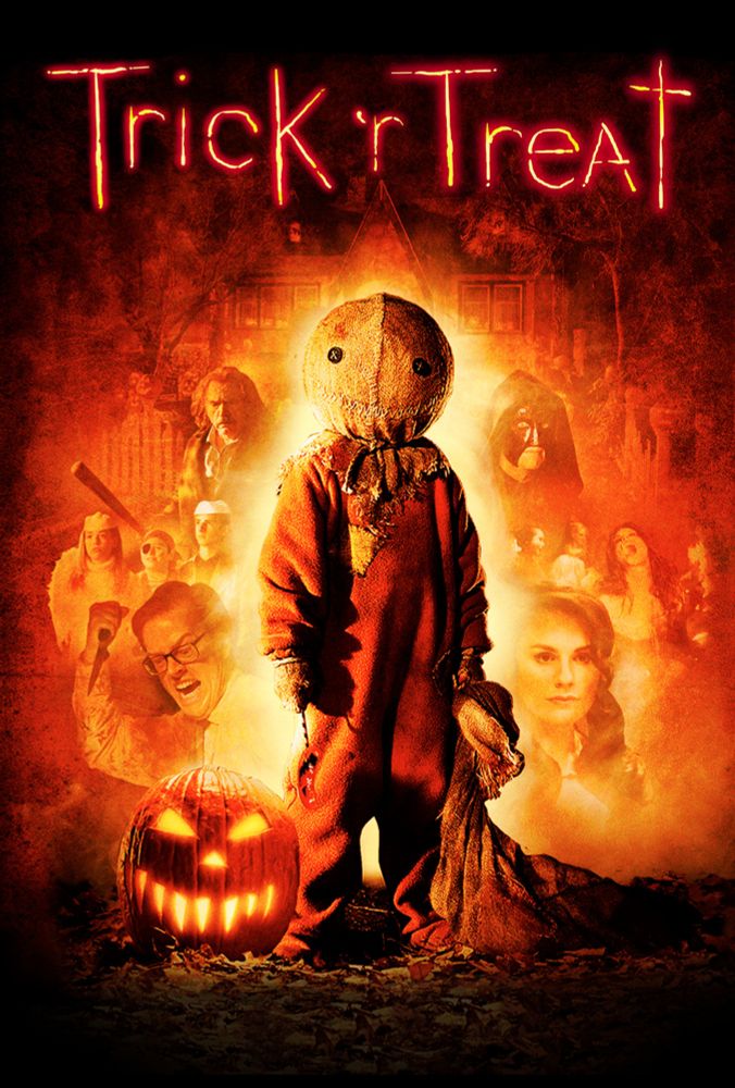Movie poster for Trick 'r Treat.  Image overlayed with a mostly orange filter.  Front and center is a small bodied child in orange jumpsuit and oversized round head covered in burlap with button eyes.  A jack-o'-lantern smiles sinisterly at its feet.  The background has a mixture of important characters from the movie with a dreamy orange haze softening their images