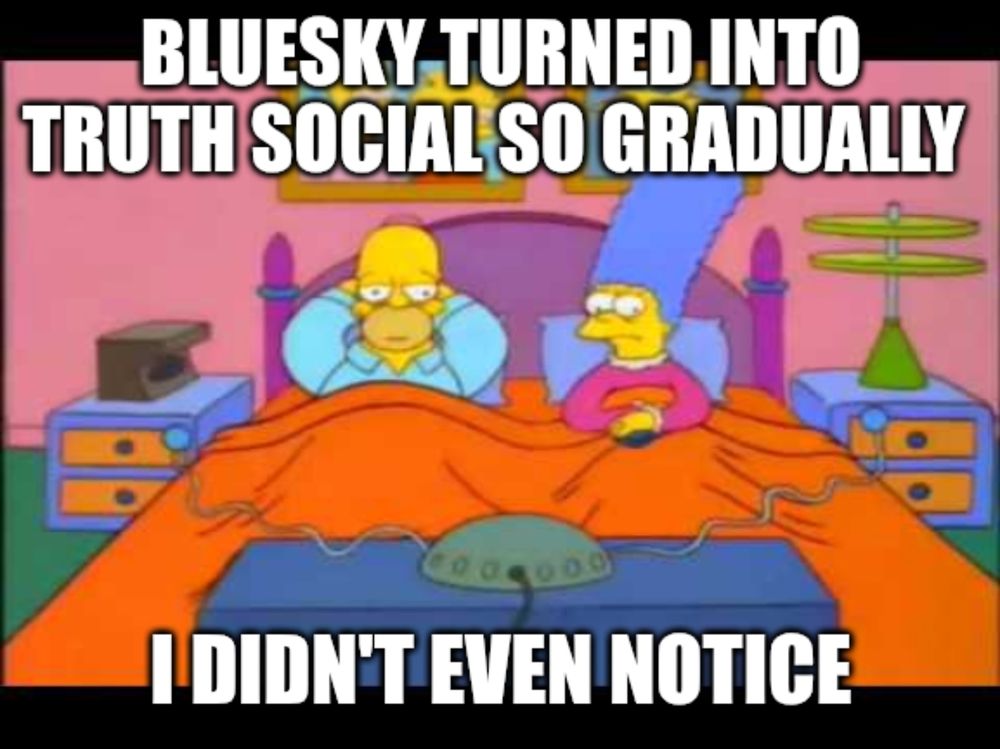 Homer and Marge Simpson lay under the covers in bed.

Top Text Reads: "Bluesky turned into Truth Social so Gradually"

Bottom Text Reads: "I didn't even notice"