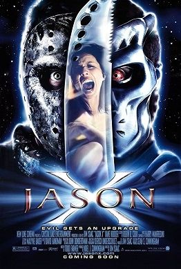 Movie poster for Jason X.  A hockey masked killer holds a serated knife up with the reflection of a woman on the blade