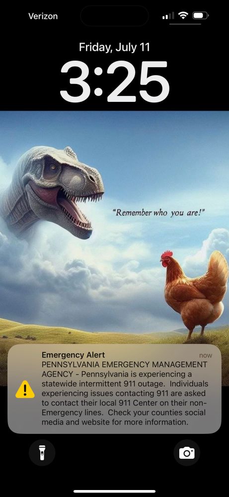 A screenshot of an emergency alert from the state of Pennsylvania saying that they are experiencing a 911 outage. Individuals needing 911 are to call their local 911 centers on the non emergency line. 