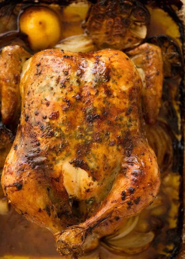 A lemon, garlic and herb-roasted chicken.