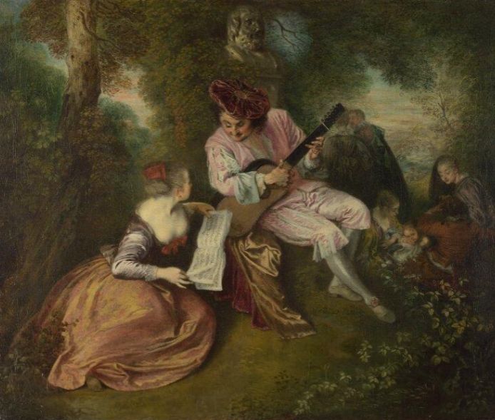 Painting by Watteau called the Scale of Love by the National Gallery, London. 
I chose this to compare with the photograph although here it is the man with the musical instrument looking down at the music in the woman's hands. Behind a man and a woman walk away and two women, a small child and a man sit on the right. Using the National Gallery's zoom in feature I can see another couple through the gap on the right sitting with their backs to us on a downward slope going away from us.