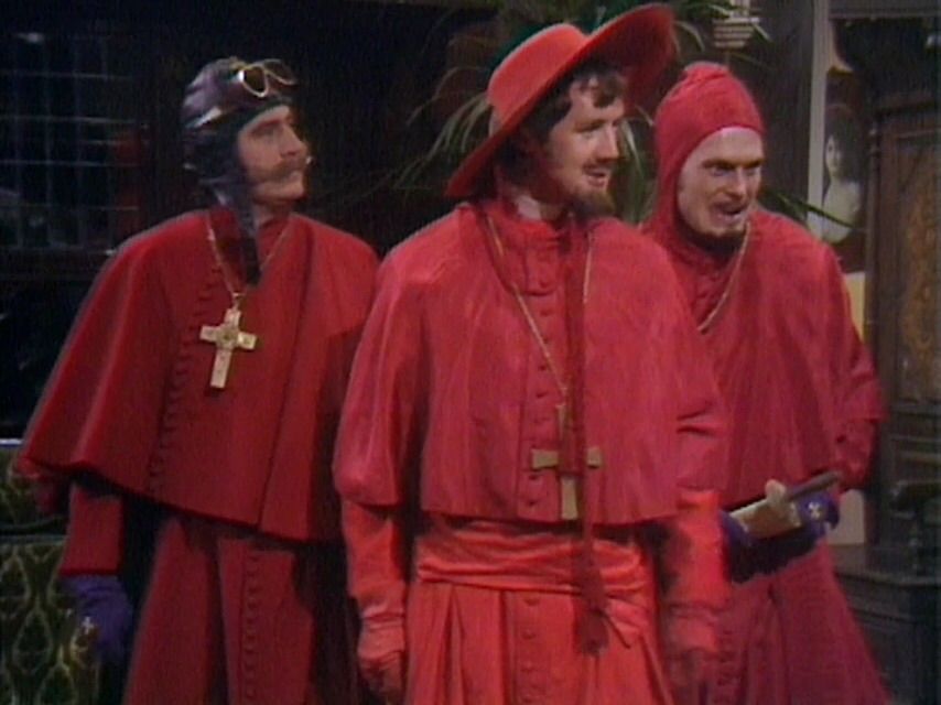 A still from Monty Python's Spanish Inquisition sketch which I was reminded of by the joke in Hamlet when Hamlet asks Osric what Laertes weapon is and gets the response rapier and dagger.