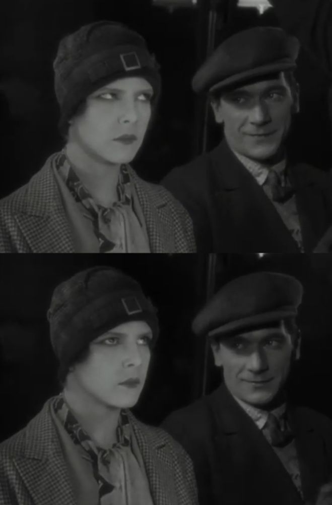 Underground 
Dir. Anthony Asquith 

Leering - Cyril McLaglen is sitting somewhat back of Elissa Landi looking at her with a smile and doesn't change even though he must sense she is aware of his gaze and that it is unwanted.

Peripheral Awareness - Elissa Landi indicates that she is aware the man sitting next to her is leering at her by holding her face forward but turning her eyes slightly up and to her left, but not enough to see him fully or catch his gaze.

Annoyance - we then see her with an unchanged expression but this time her eyes are pointing up. She could be reading an advert, looking at a clock, but we know from the context she is doing neither, she is looking at nothing, she is annoyed, and I sense she's assuming she is making her feelings plain to him, but he continues to leer.