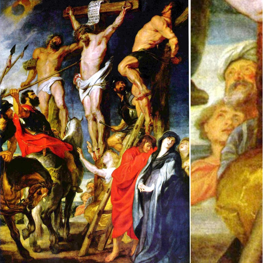 Painting by Rubens' of the crucifixion that's under discussion. There's a gap so we see two faces right at the back looking up at it all from their side.