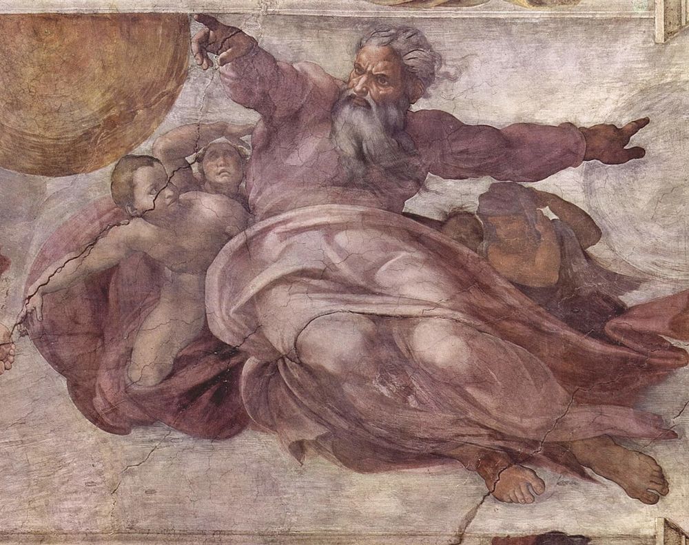 God creating the sun and moon. A fresco from the Sistine Chapel ceiling by Michaelangelo to go with the text in the quoted post. We see God accompanied and perhaps held up by young male figures, angels, and with his arms spread wide his right index finger touches the sun and his left index finger, somewhat behind him as he looks to our left, touches a moon.
