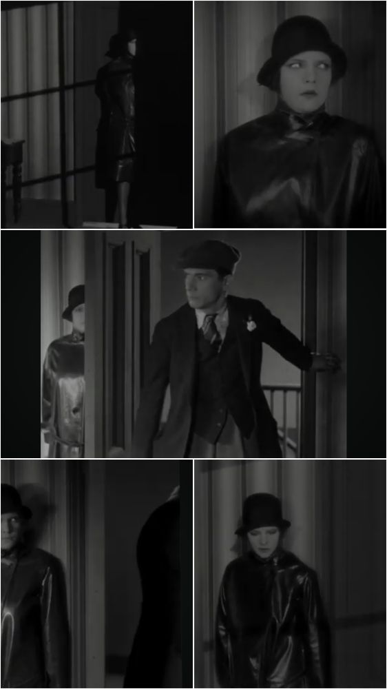 A sequence of five black & white photographic stills from the film Underground by Anthony Asquith. Nell, Elissa Landi, hides behind a door as Bert, Cyril McLaglen, opens the door to look into the room but closes it again without seeing her. In two of the stills we see both of them either side of the open door.
