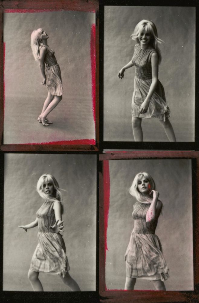📷 David Hurn
4 Black & white photographs from a contact sheet of a photoshoot with Brit Ekland. We see her moving and standing in various postures. One she has her tongue out. General feel of having fun. Two have been marked around in red presumably because they were chosen for enlargement.