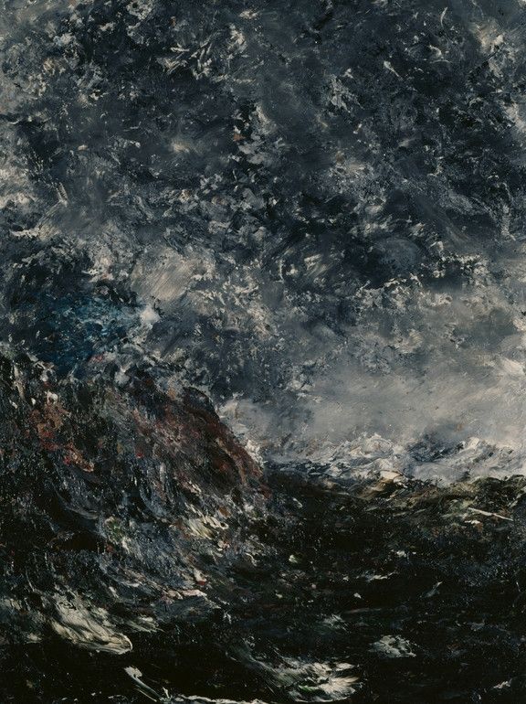 Painting by August Strindberg
Marine avec récif
One of Strindberg's storm paintings. Brown rocks to the left, a dark sea, bottom right, with snow capped mountains above, perhaps, and above them a massive dark sky that looks like a wave that's going to come crashing down.