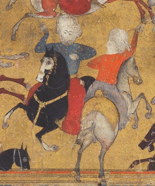 A dance-like detail from the quoted post of two men on horses side-by-side but facing in opposite directions, each flailing something with their arm, the shape of this similar to the horse's legs, two legs of the horse on the right breaking the frame, whereas we see glimpses of other horses that are cropped by the frame. 