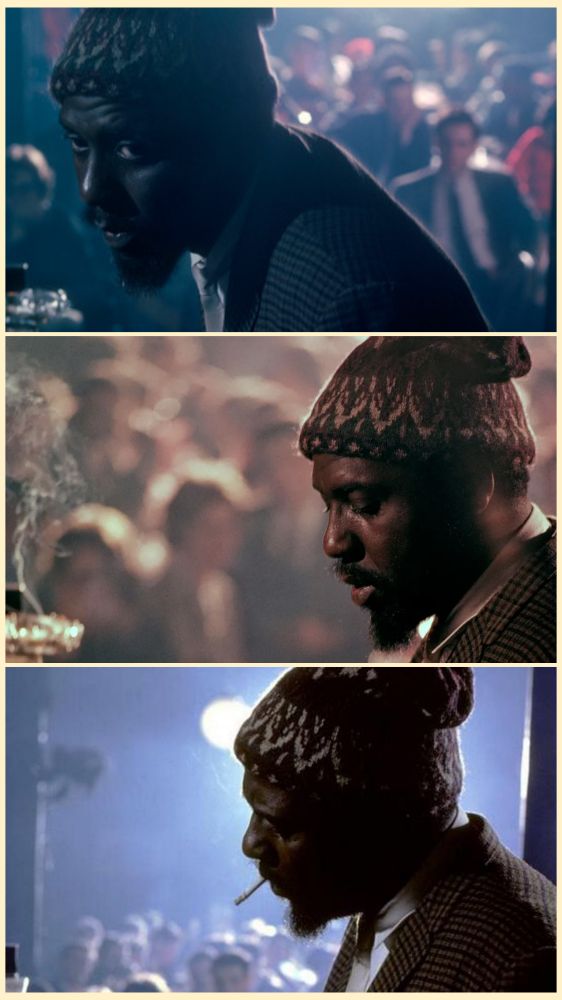📷 Burt Glinn
Three cropped (me) colour photographs of Thelonious Monk playing the piano at the same concert. We just see his head with woolly hat, a slight corner edge of the piano with glass ashtray in two, and the audience out of focus behind. The colours in each due to lighting changes is different, going from dark greeny blue to reddish brown to light blue/violet.