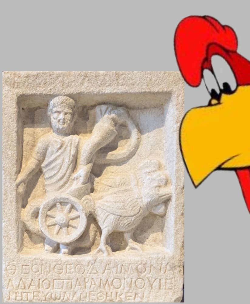 Picture from the quoted post showing a sculptural relief of a chicken pulling a man in a chariot, which I have added to with a picture of Foghorn Leghorn looking concerned.
