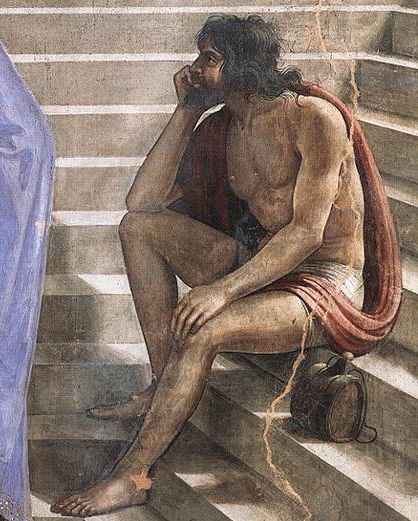 Detail from the painting in the quoted post of a half naked man sitting on steps watching Mary approach the temple. Beside him is a portable liquid container.