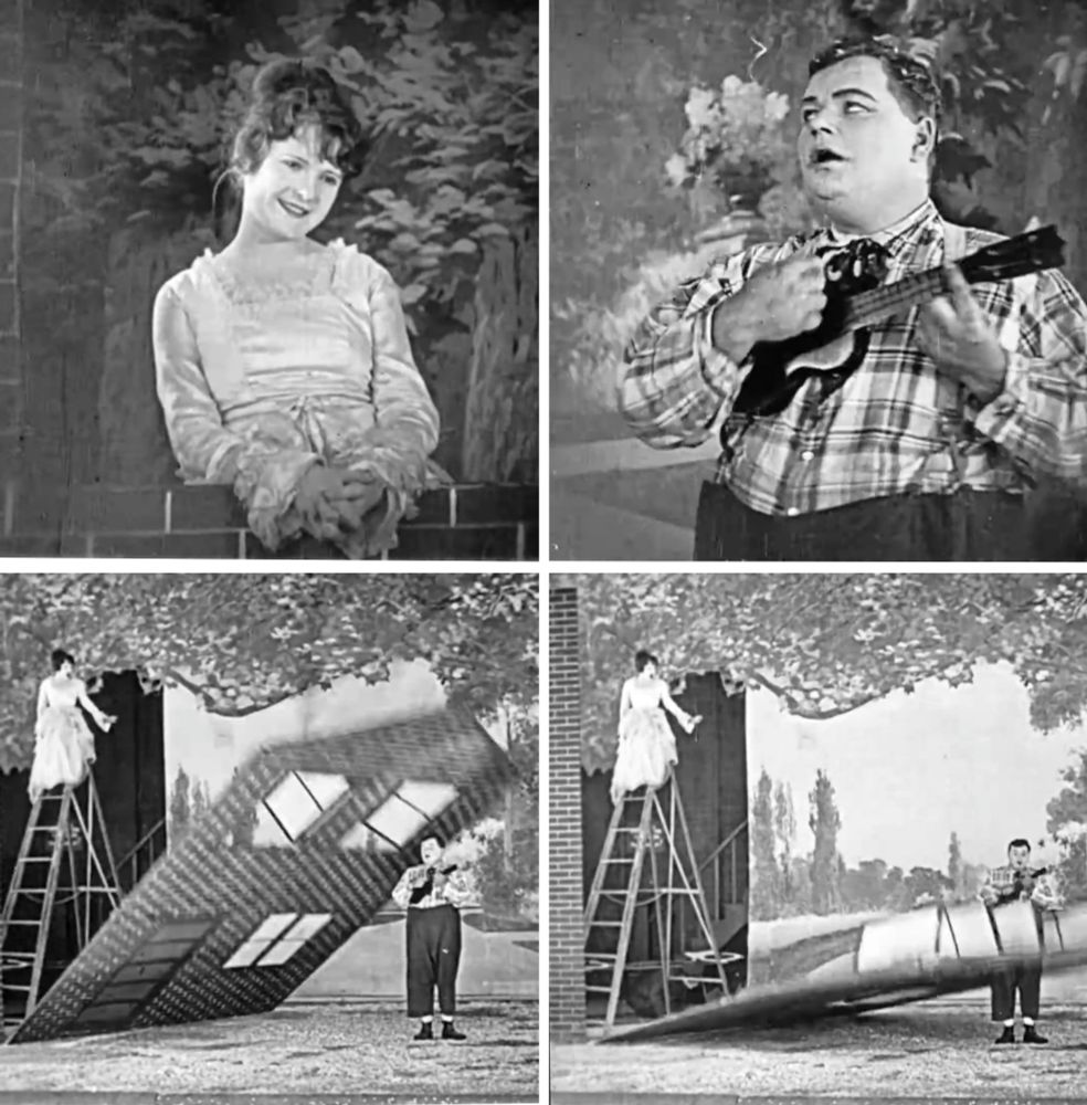 Four stills from the short black & white film Backstage starring "Fatty" Arbuckle and Buster Keaton. A woman (Molly Malone) is appearing at an open window on stage as Arbuckle sings to her playing his ukulele. Unseen here, Keaton causes the front of the stage house to fall over Arbuckle but he passes through the open window. As house frontage falls Malone is seen sitting on a very tall step ladder.
The quoted post shows the same stunt performed by Steve McQueen in his short film Deadpan.