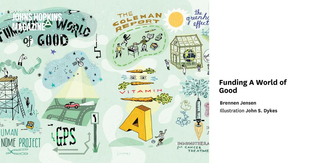 Illustration for "Johns Hopkins Magazine" featuring various elements like animals, people, and scientific icons related to health and research, entitled "Funding A World of Good."