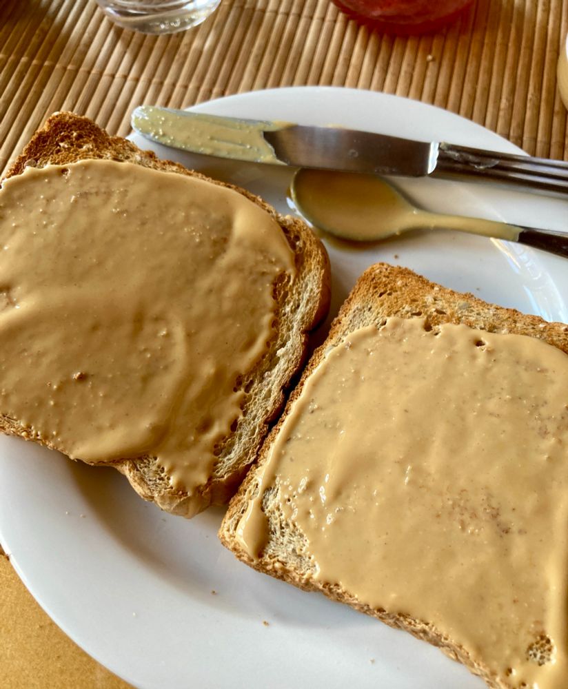 Two slices of toast with smooth runny peanut butter. 