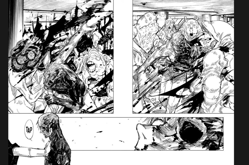 Manga page from Jujutsu kaisen chapter 120. Nanami is fighting transfigured humans and is suddenly haunted by mahito. This is just before he dies. 