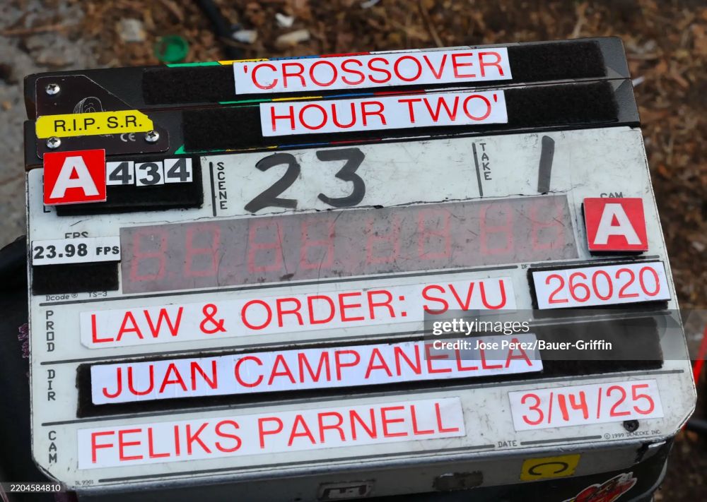 View of the clapper is seen on the set of "Law and Order: Special Victims Unit" in Chelsea, Manhattan on March 14, 2025 in New York City. (Photo by Jose Perez/Bauer-Griffin/GC Images)
