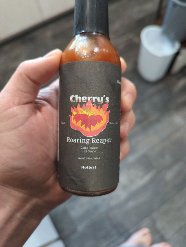 Bottle of Cherry's brand Roaring Reaper hot sauce