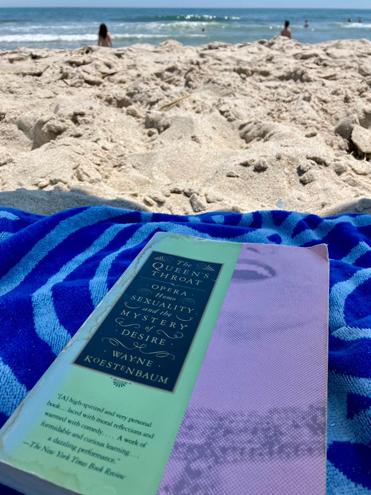 Wayne Koestenbaum’s book THE QUEEN’S THROAT lying on a towel on the beach.