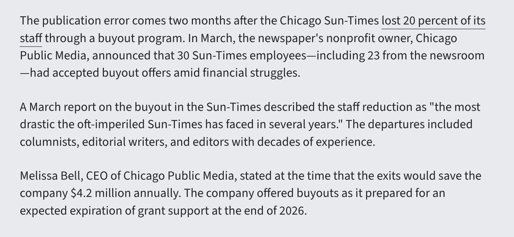Text from linked article that notes the waves of layoffs at the Sun-Times that likely necessitated this baloney