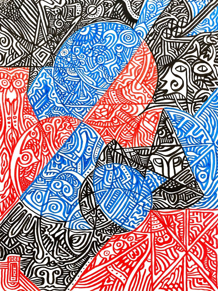 Sigils. 2023. Ink on paper. 9x12in. This artwork contains symbols with magical meanings, such as protection, luck, etc. The artwork consists of lines of blue, black and red on a white background. The original got destroyed in the floods by Helene in 2024. 