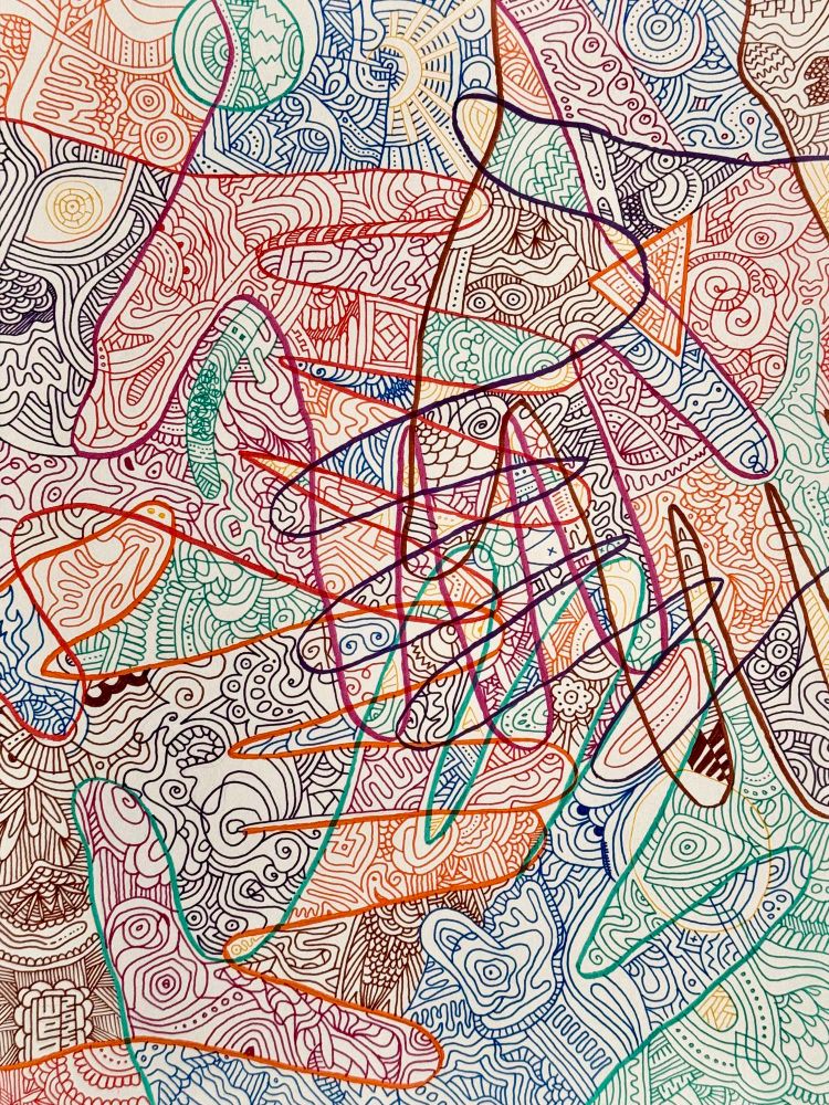 APPLAUSE 2 by Wesley Ethyn Bowers. 2025. Ink on paper. 9x12in. It is a colourful reimagining of their 2023 black and white artwork called APPLAUSE. Both feature many hidden images. Unfortunately, APPLAUSE was destroyed by Hurricane Helene in 2024. 