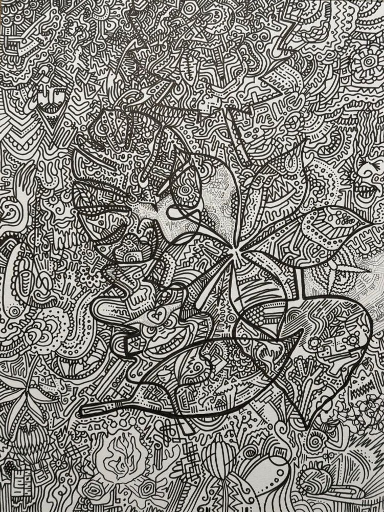 EQUINOX by Wesley Ethyn Bowers. 2025. Ink on paper. Equinox is a line art contemporary drawing that features lots of hidden images, from leaves, to faces, to animals, and so much more. 