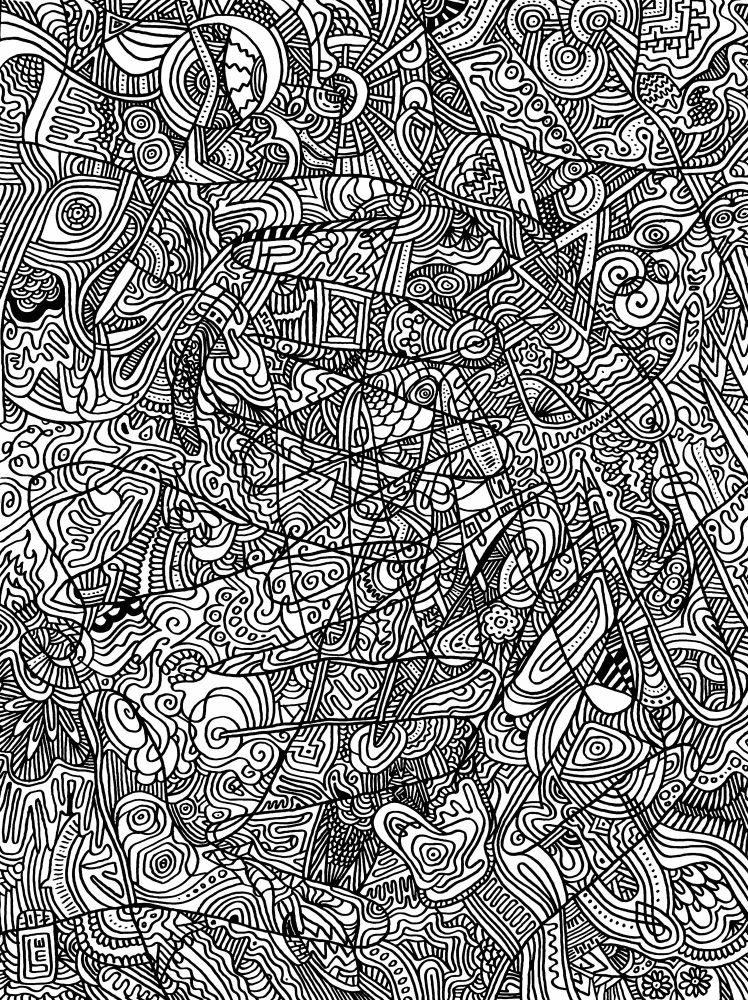 APPLAUSE by Wesley Ethyn Bowers. 2023. Ink on paper. 9x12in. It is a black and white artwork that features many hidden images. Unfortunately, APPLAUSE was destroyed by Hurricane Helene in 2024. 