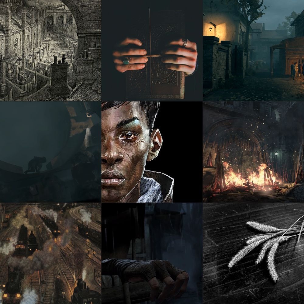 A mood board of nine images. Top row: Gustave Doré's etching of "Over London by Rail"; a photo of two hands wearing rings clutching a leather bound book; slum street of Paris at night from AC Unity with an oil filter. Middle row: Garrett from "Thief" crouched in ruins, framed by a circular safe door; cropped digital painting of Billie Lurk from Dishonored by Cedric Peyravernay; burning wreckage in front of stone gates. Bottom row: "Big City Train Station," an oil painting of a train yard from above in orange tones by Hans Baluschek; a hand in a leather glove grasping a wooden railing in the rain; black and white photo of foxtails on a wooden surface.
