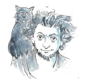 A drawing of writer Georges Perec with a cat on his shoulder.